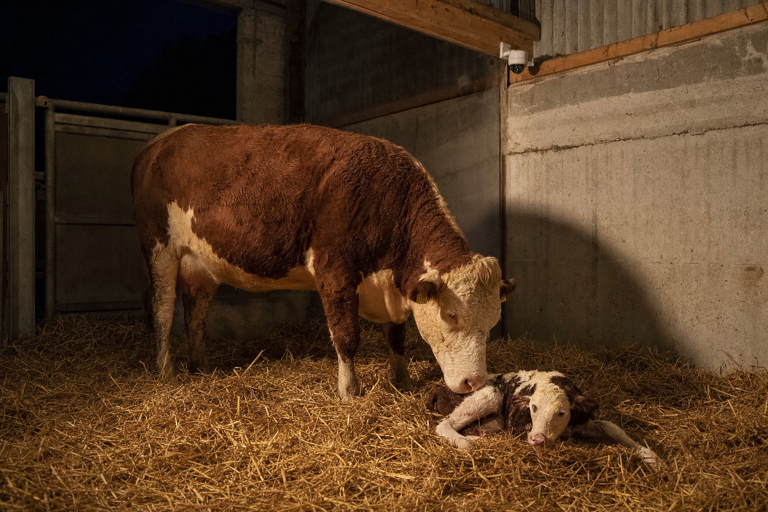 Cow and newborn calf in a straw-bedded calving pen watched by a camera