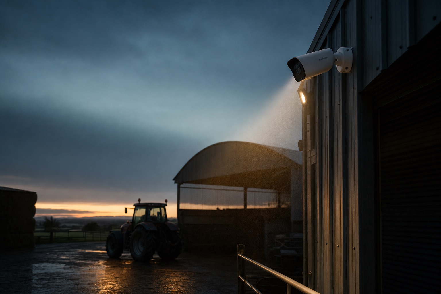 CCTV camera and security floodlight over an Irish farmyard at dusk