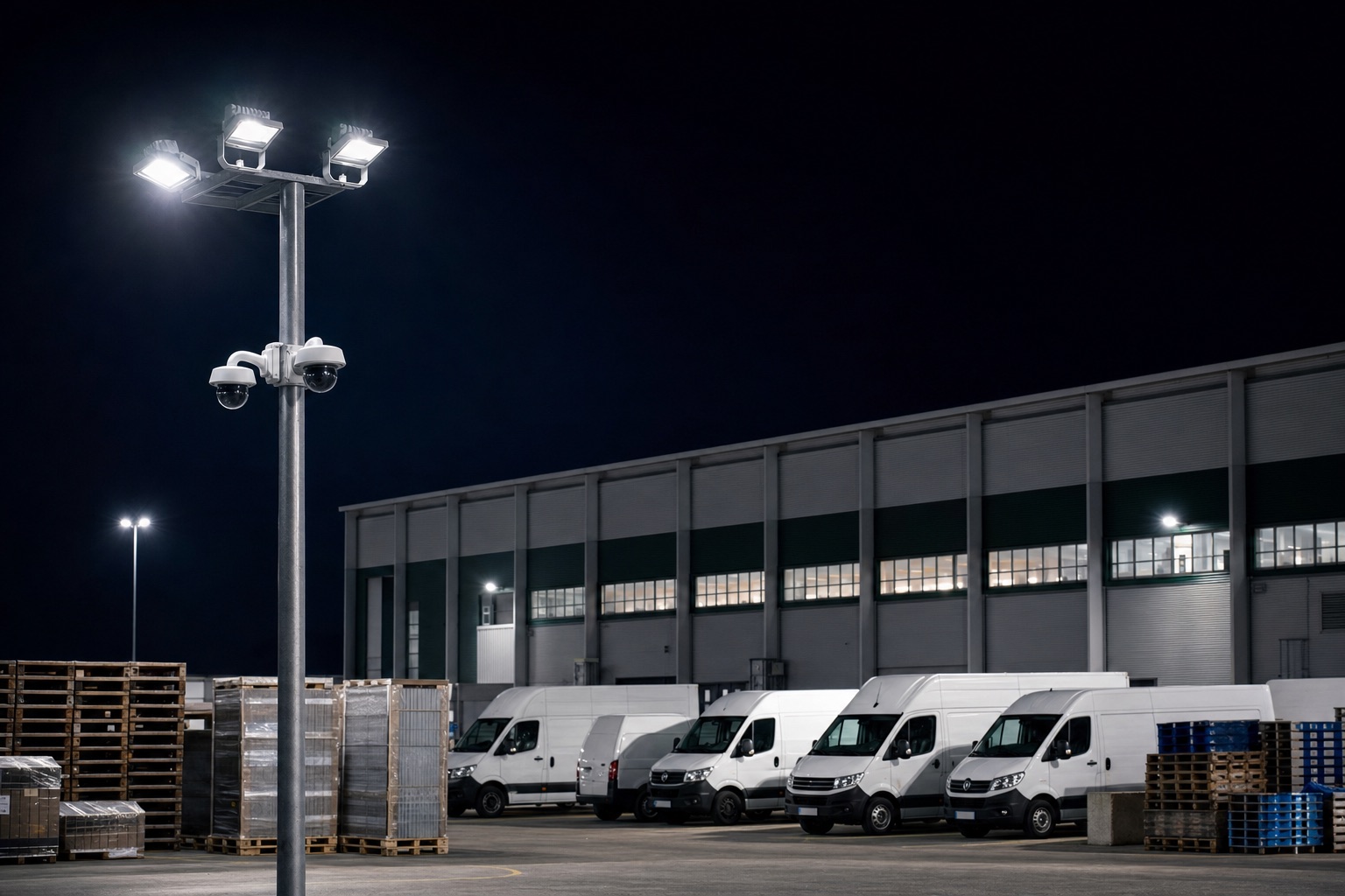 Warehouse yard at night under security floodlights and cameras